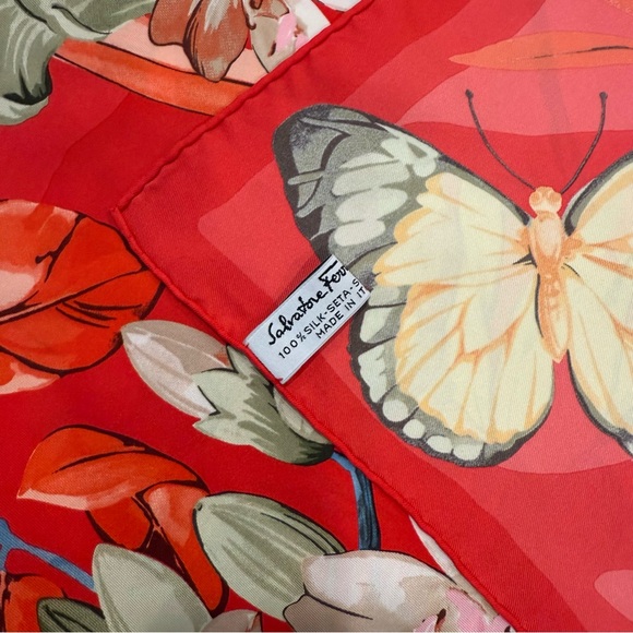 Authentic Salvatore Ferragamo Red and Cream Butterfly Silk Scarf - Picture 8 of 8